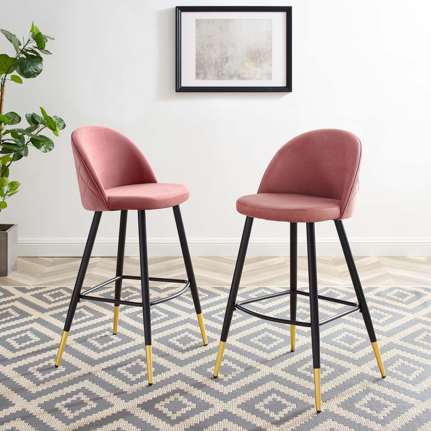 Cordial Performance Velvet Bar Stools - Set of 2, Velvet, Metal Steel, Pink, 20209