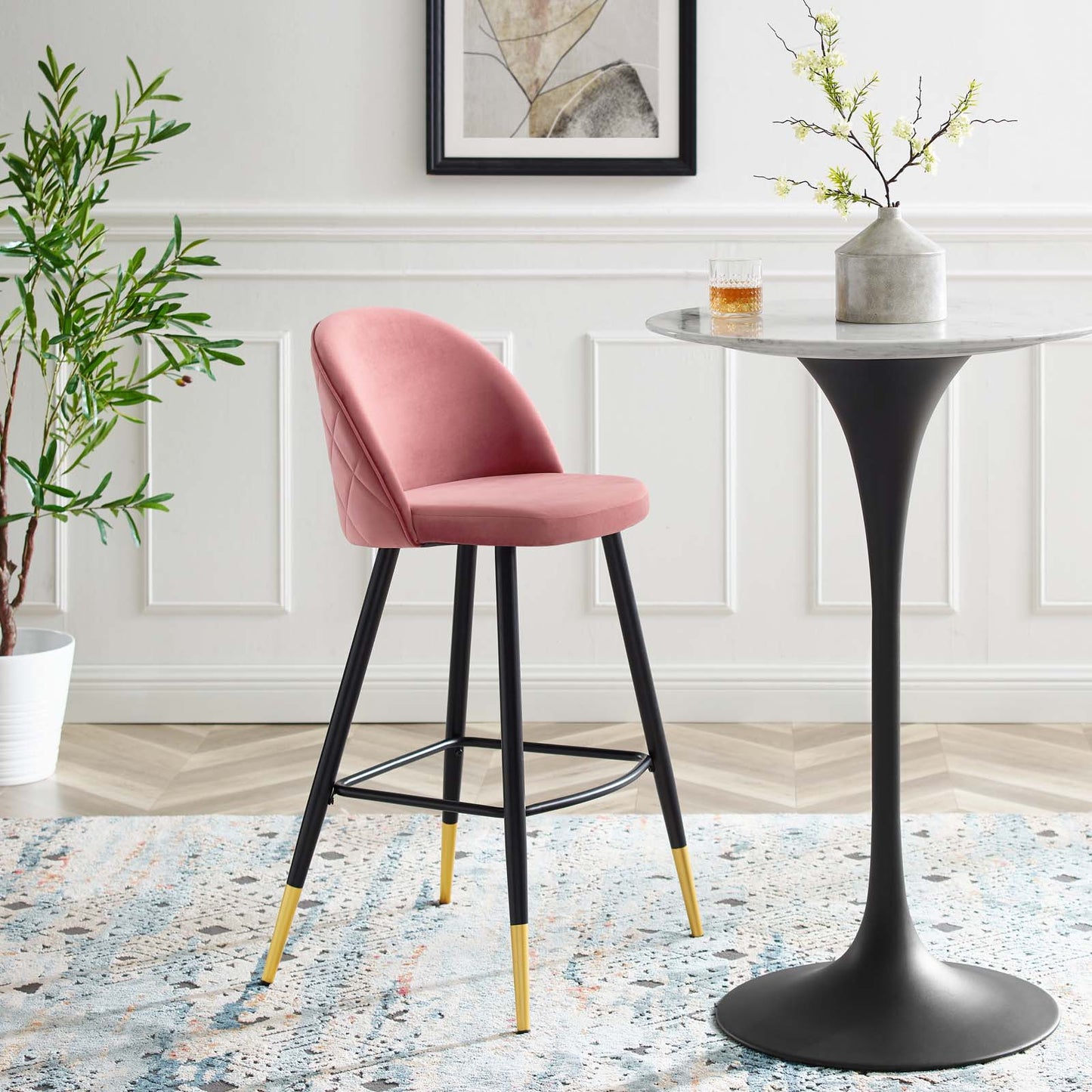 Cordial Performance Velvet Bar Stools - Set of 2, Velvet, Metal Steel, Pink, 20209