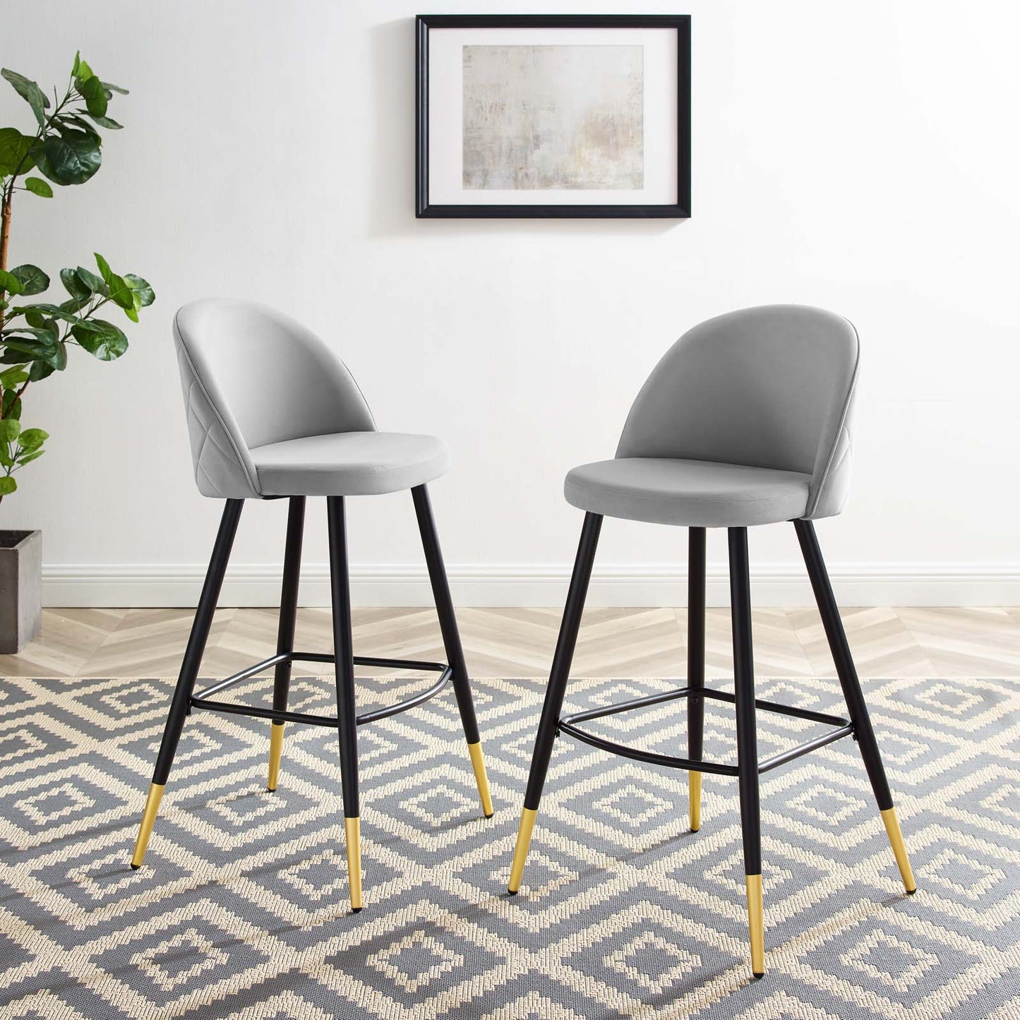 Cordial Performance Velvet Bar Stools - Set of 2, Velvet, Metal Steel, Light Grey Gray, 20211