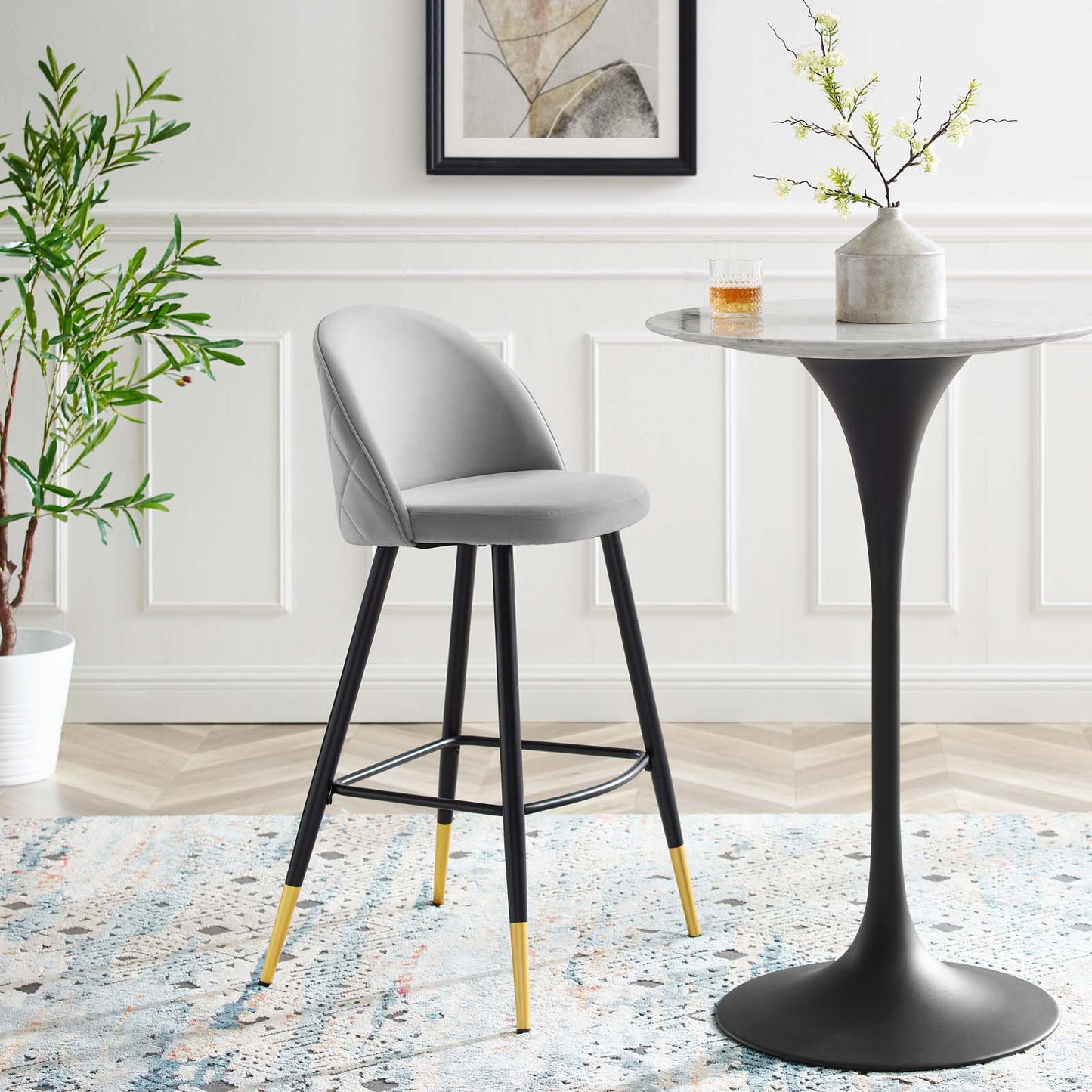Cordial Performance Velvet Bar Stools - Set of 2, Velvet, Metal Steel, Light Grey Gray, 20211