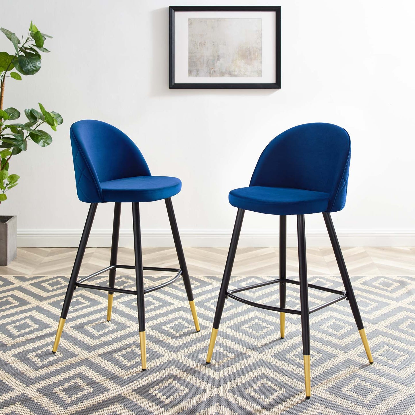 Cordial Performance Velvet Bar Stools - Set of 2, Velvet, Metal Steel, Blue Navy, 20213