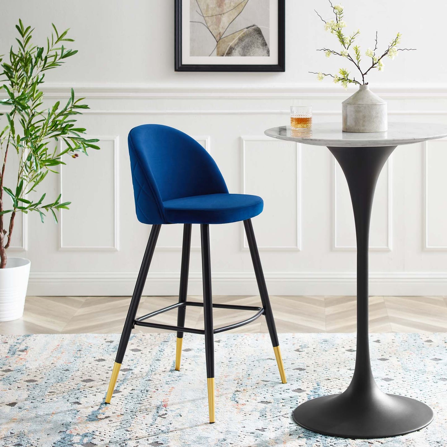 Cordial Performance Velvet Bar Stools - Set of 2, Velvet, Metal Steel, Blue Navy, 20213