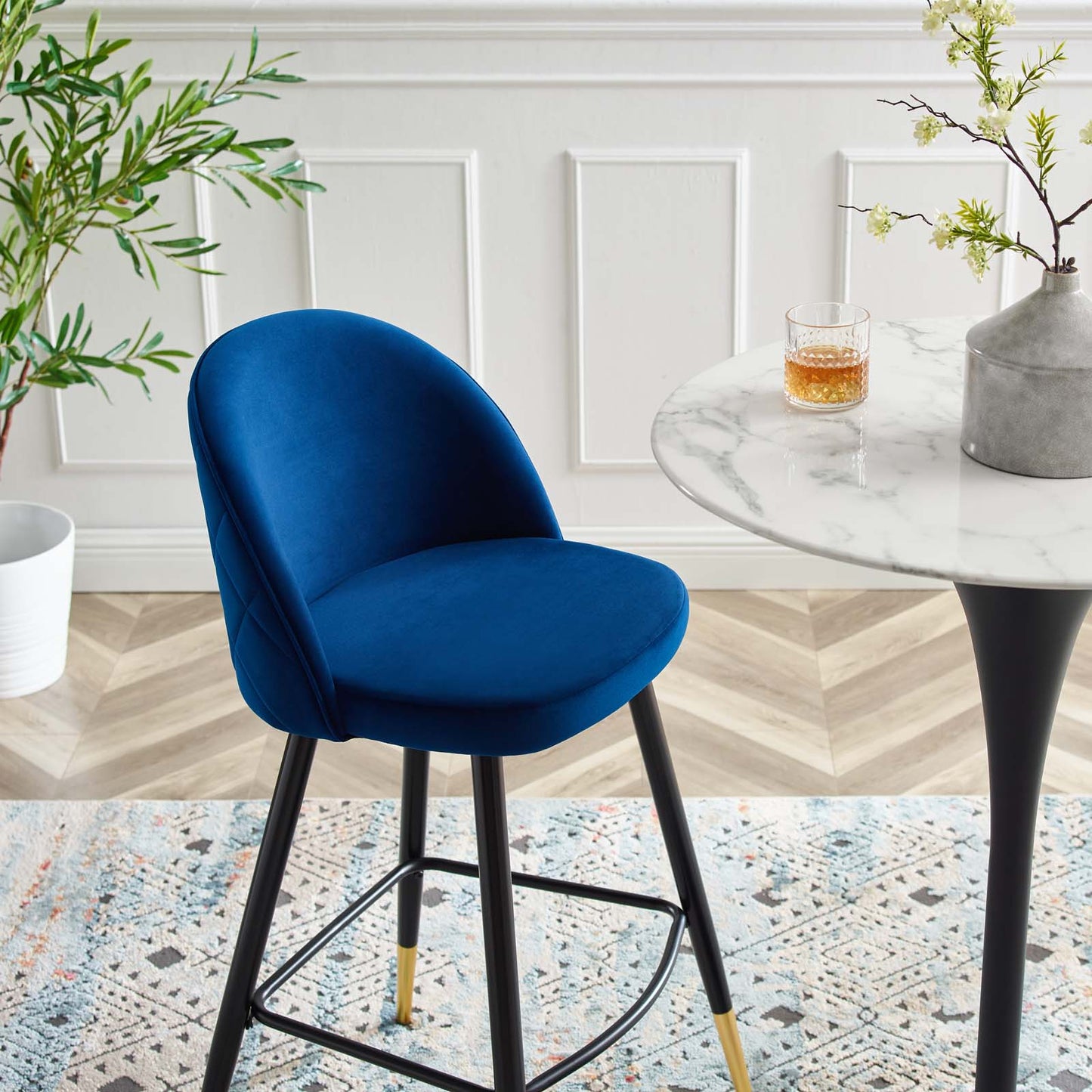 Cordial Performance Velvet Bar Stools - Set of 2, Velvet, Metal Steel, Blue Navy, 20213