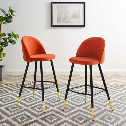 Cordial Performance Velvet Bar Stools - Set of 2, Velvet, Metal Steel, Orange, 20214