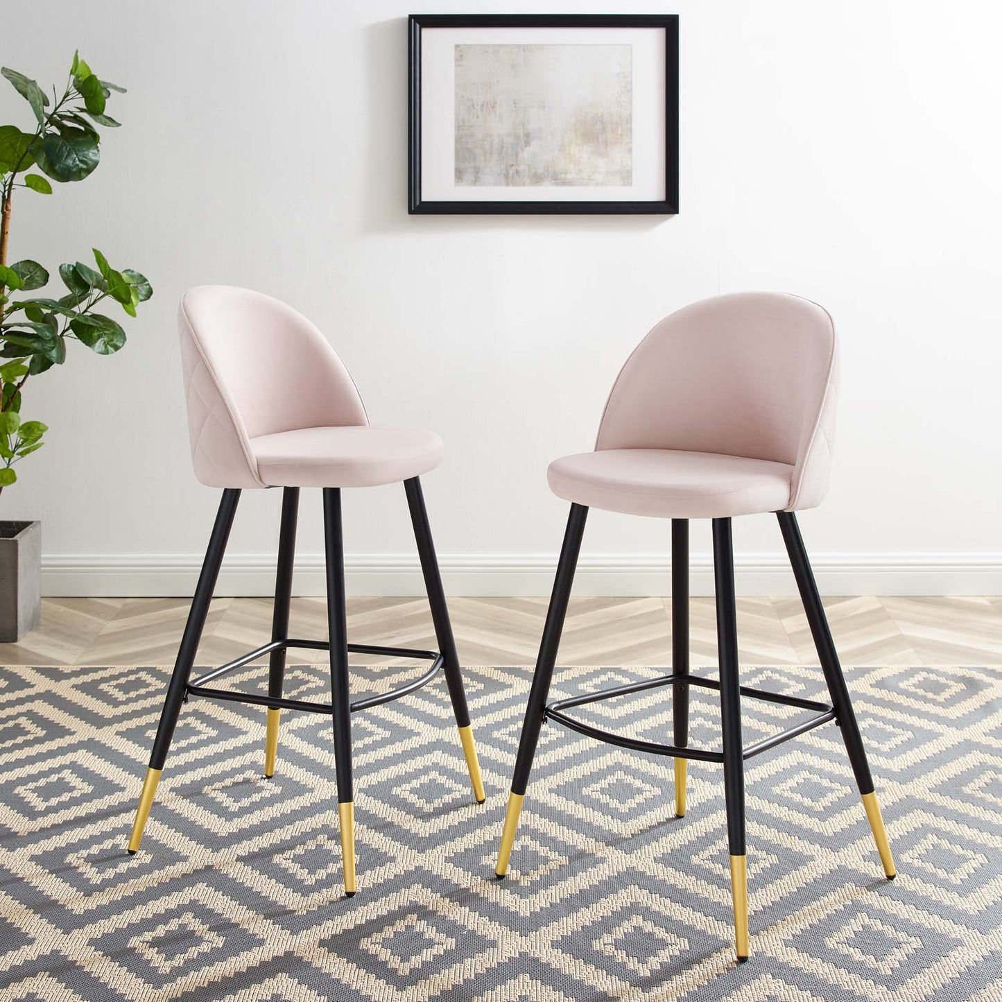 Cordial Performance Velvet Bar Stools - Set of 2, Velvet, Metal Steel, Pink, 20215