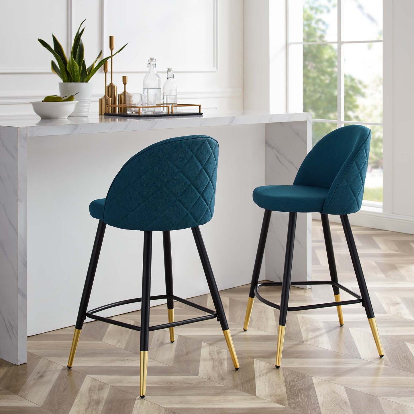 Cordial Fabric Counter Stools - Set of 2, Fabric, Metal, Navy Blue, 20217