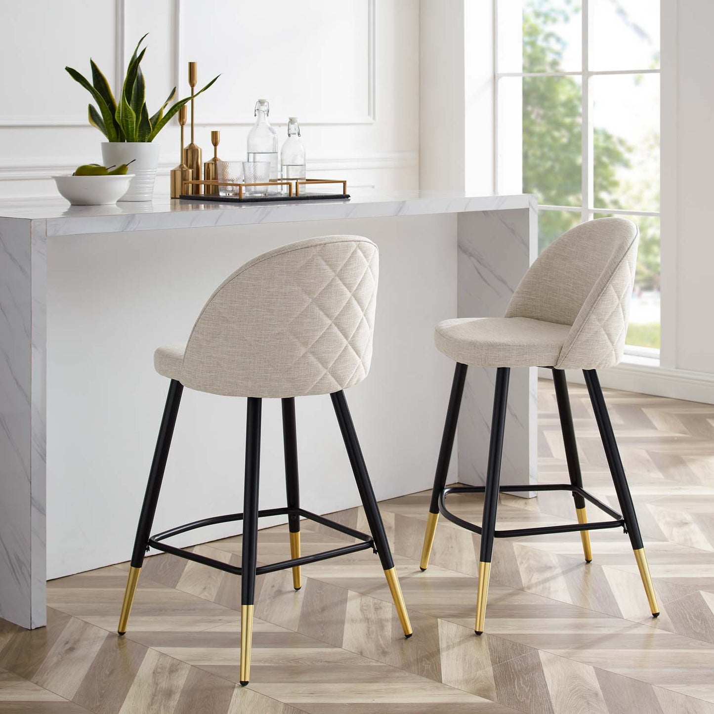 Cordial Fabric Counter Stools - Set of 2, Fabric, Metal, Beige, 20218