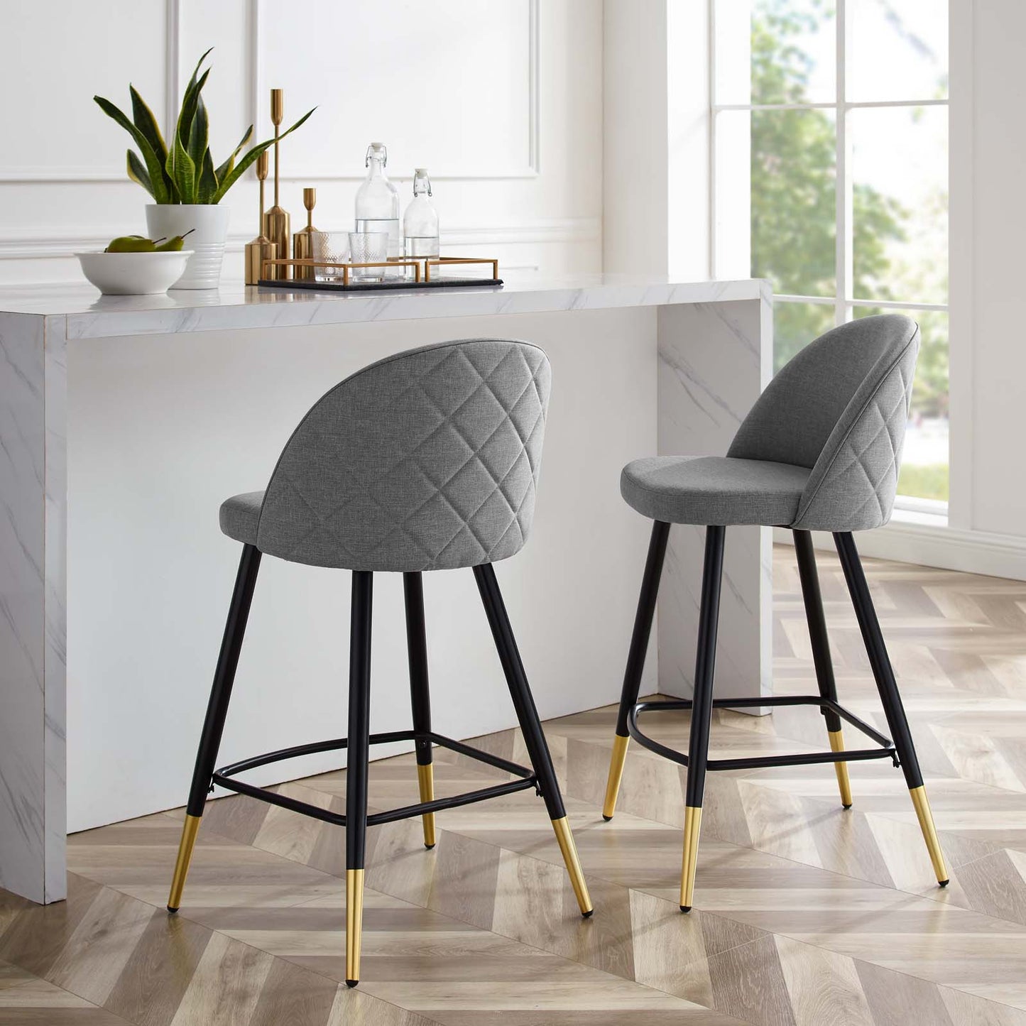 Cordial Fabric Counter Stools - Set of 2, Fabric, Metal, Light Grey Gray, 20220