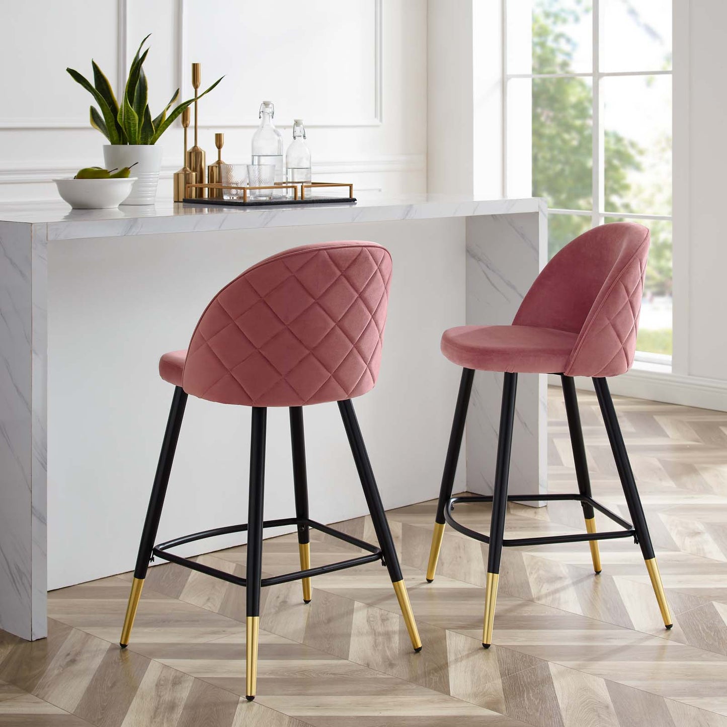 Cordial Performance Velvet Counter Stools - Set of 2, Velvet, Metal Steel, Pink, 20223
