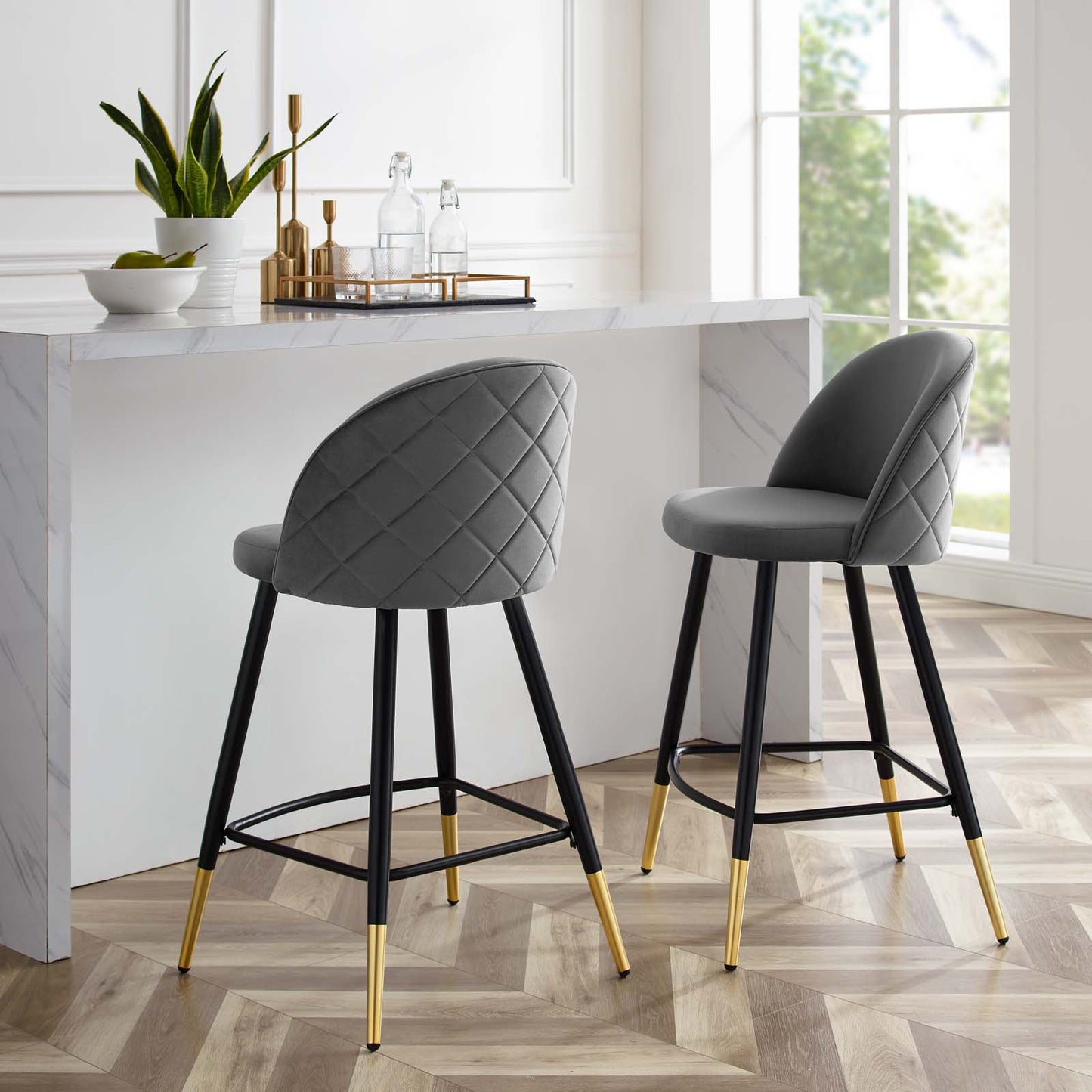 Cordial Performance Velvet Counter Stools - Set of 2, Velvet, Metal Steel, Grey Gray, 20224