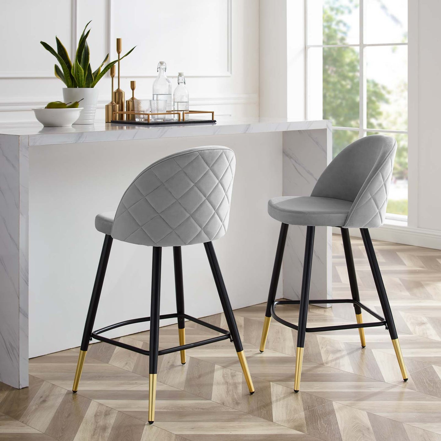 Cordial Performance Velvet Counter Stools - Set of 2, Velvet, Metal Steel, Light Grey Gray, 20225