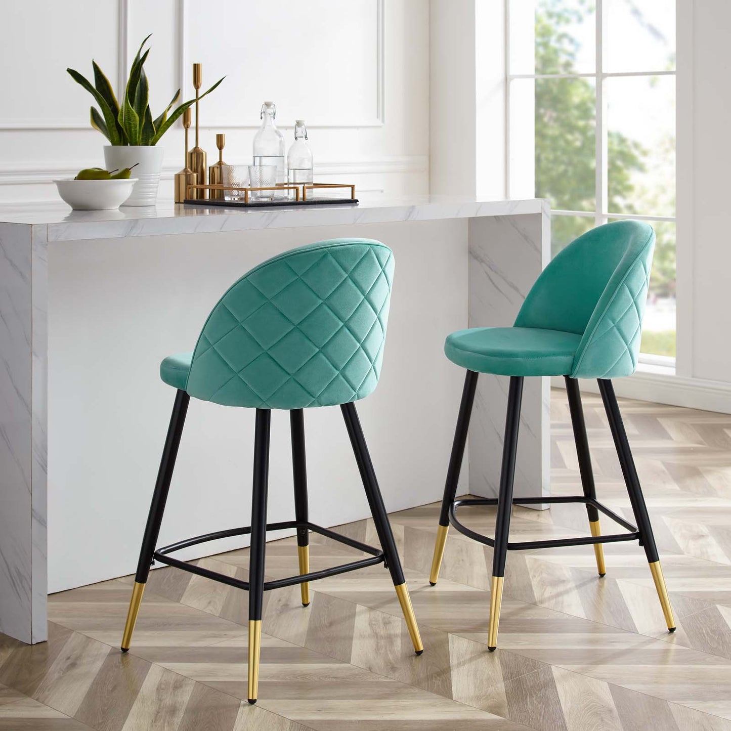 Cordial Performance Velvet Counter Stools - Set of 2, Velvet, Metal Steel, Blue, 20226