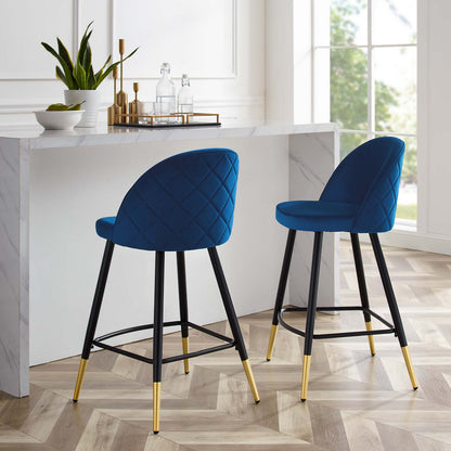 Cordial Performance Velvet Counter Stools - Set of 2, Velvet, Metal Steel, Blue Navy, 20227