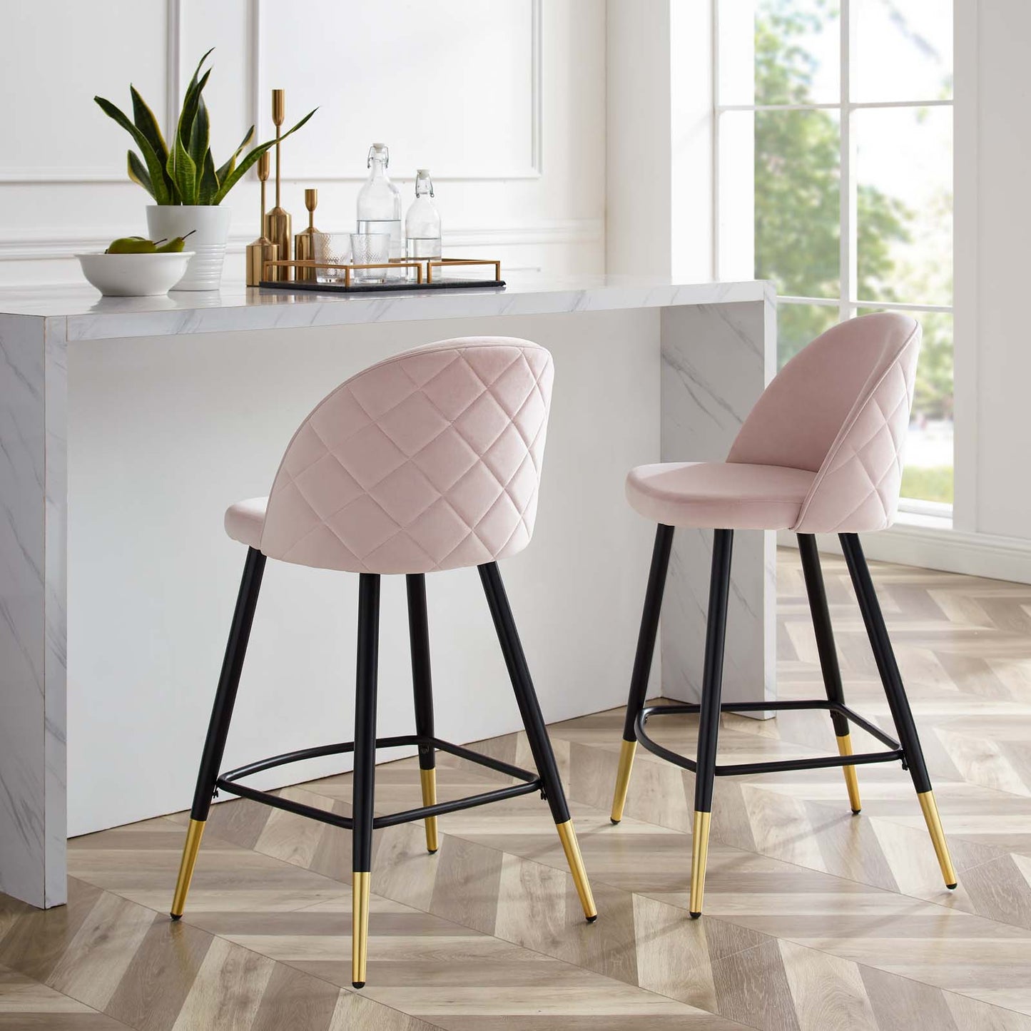 Cordial Performance Velvet Counter Stools - Set of 2, Velvet, Metal Steel, Pink, 20229