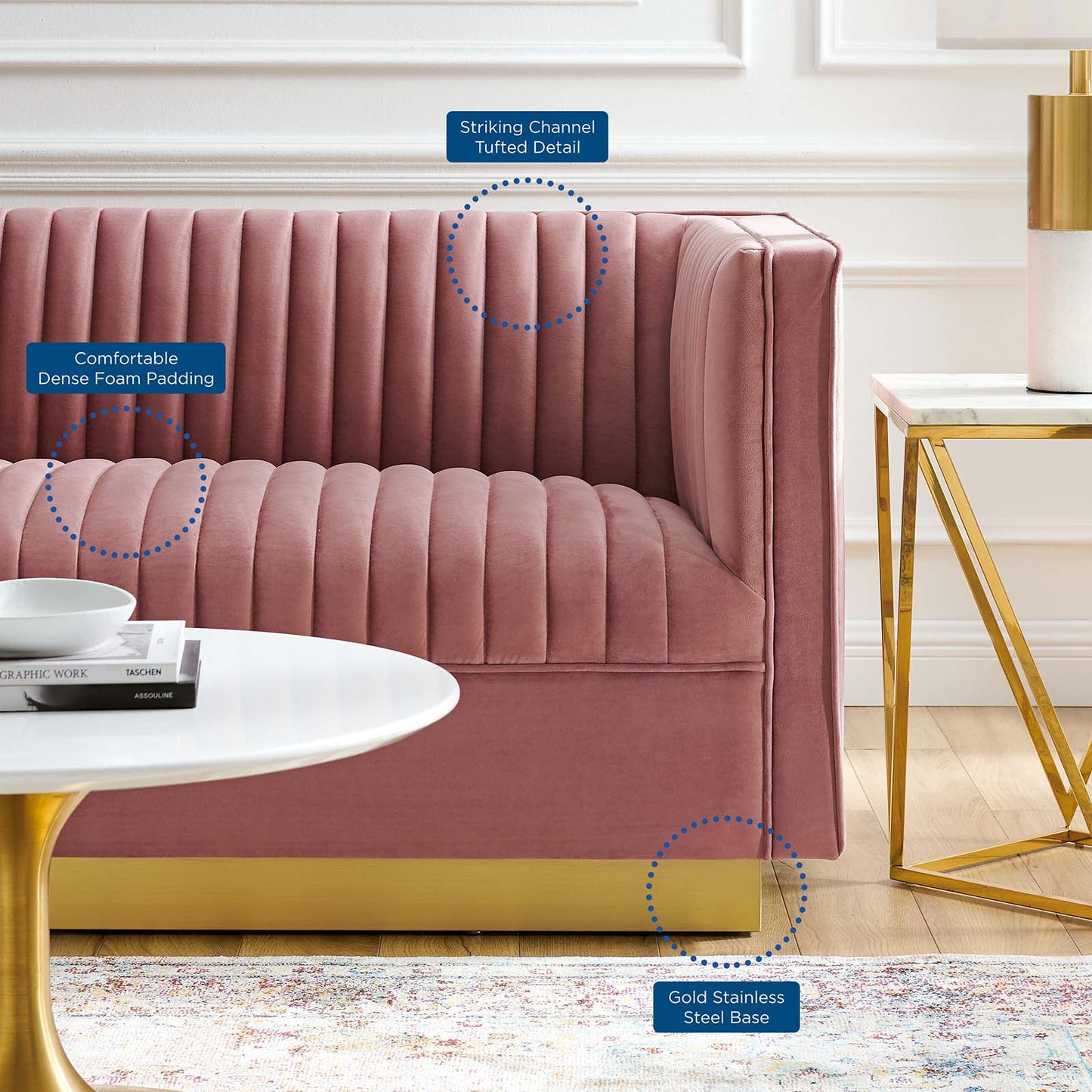 Sanguine Vertical Channel Tufted Performance Velvet Loveseat, Velvet, Pink, 20231