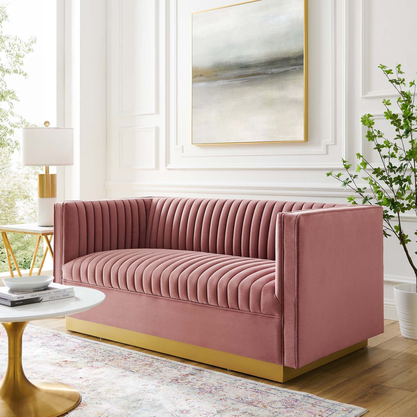 Sanguine Vertical Channel Tufted Performance Velvet Loveseat, Velvet, Pink, 20231