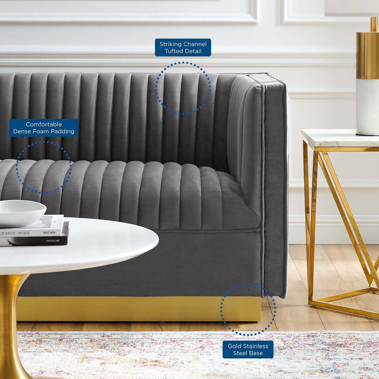 Sanguine Vertical Channel Tufted Performance Velvet Loveseat, Velvet, Grey Gray, 20232