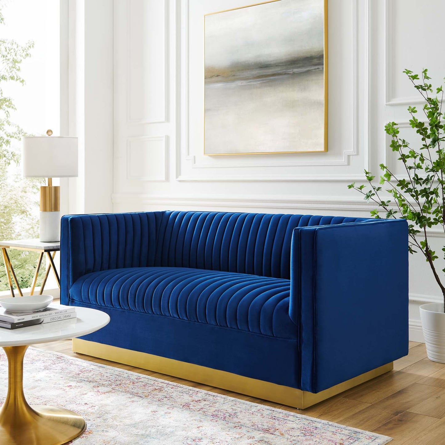 Sanguine Vertical Channel Tufted Performance Velvet Loveseat, Velvet, Blue Navy, 20233