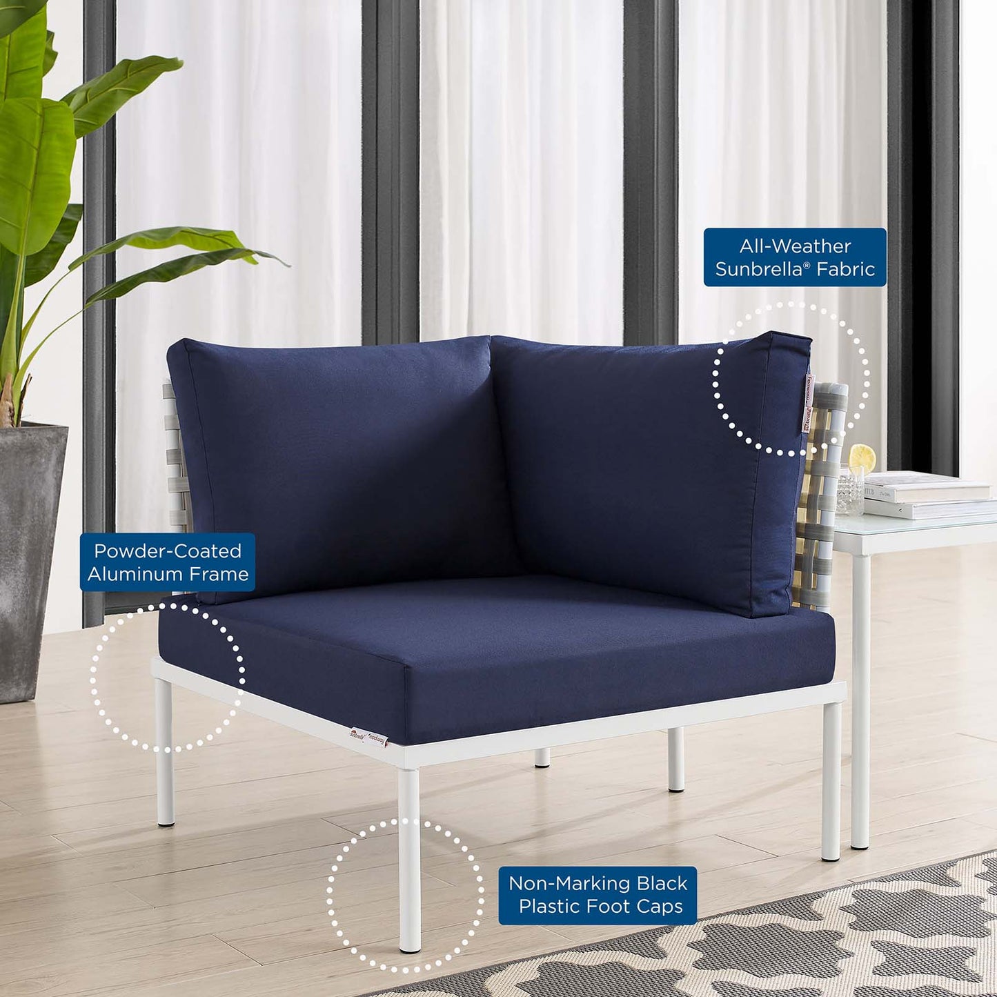 Harmony Sunbrella® Basket Weave Outdoor Patio Aluminum Corner Chair, Aluminum, Metal, Steel, Blue Navy, 20247