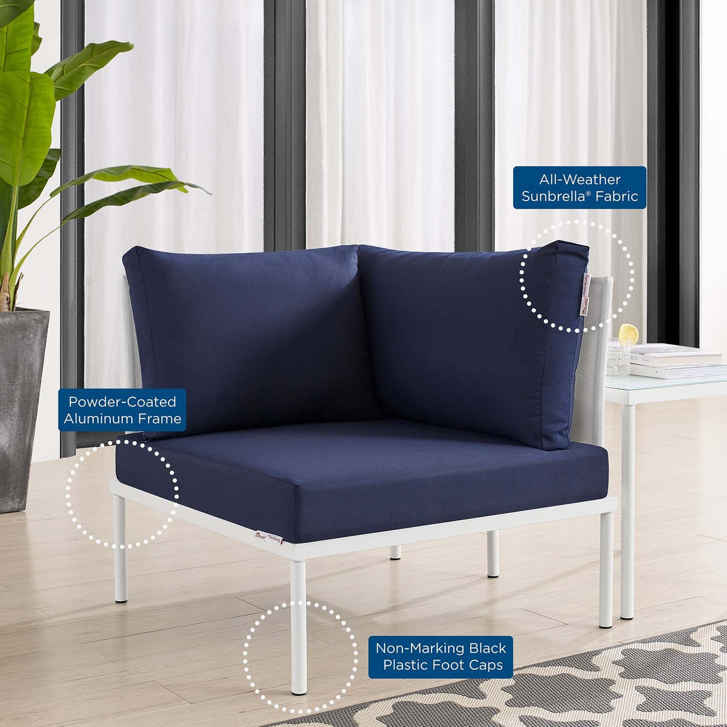 Harmony Sunbrella® Outdoor Patio All Mesh Corner Chair, Aluminum, Metal, Steel, White Blue Navy, 20251