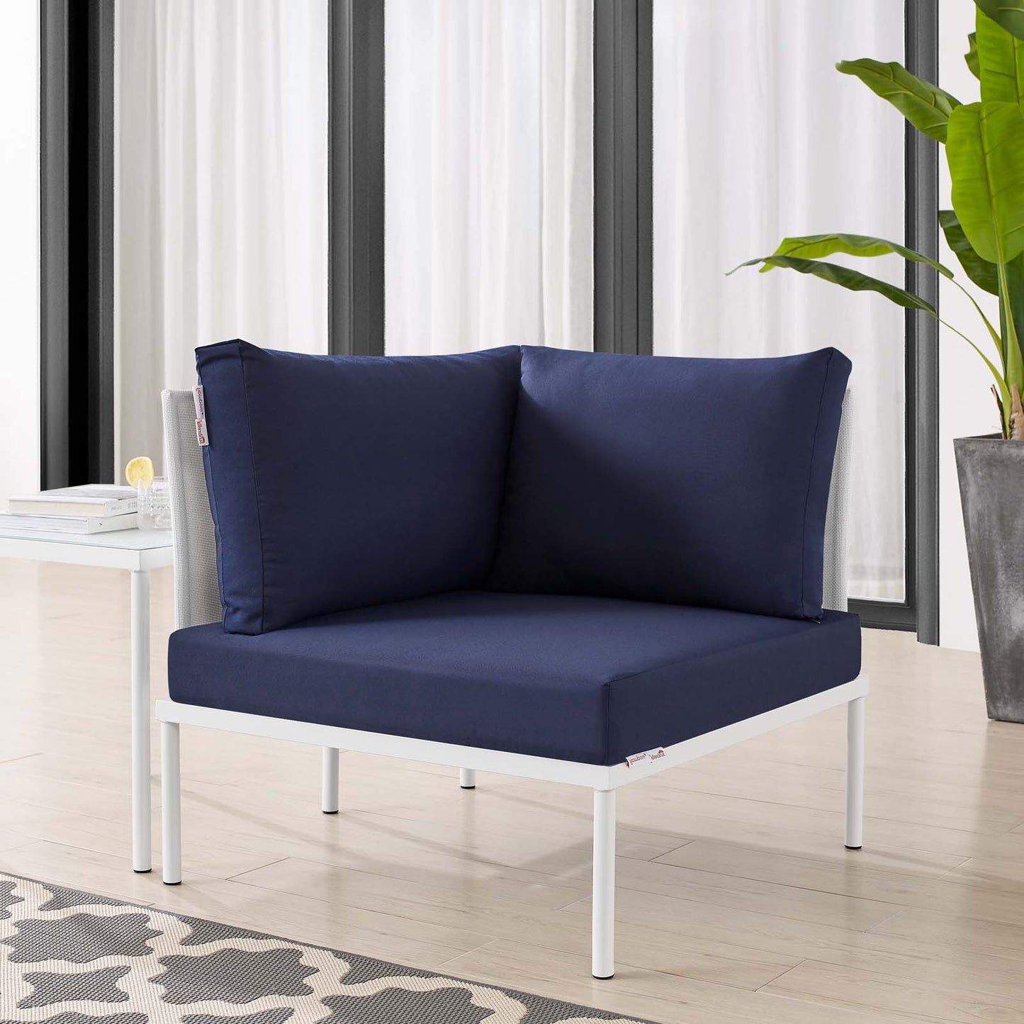 Harmony Sunbrella® Outdoor Patio All Mesh Corner Chair, Aluminum, Metal, Steel, White Blue Navy, 20251