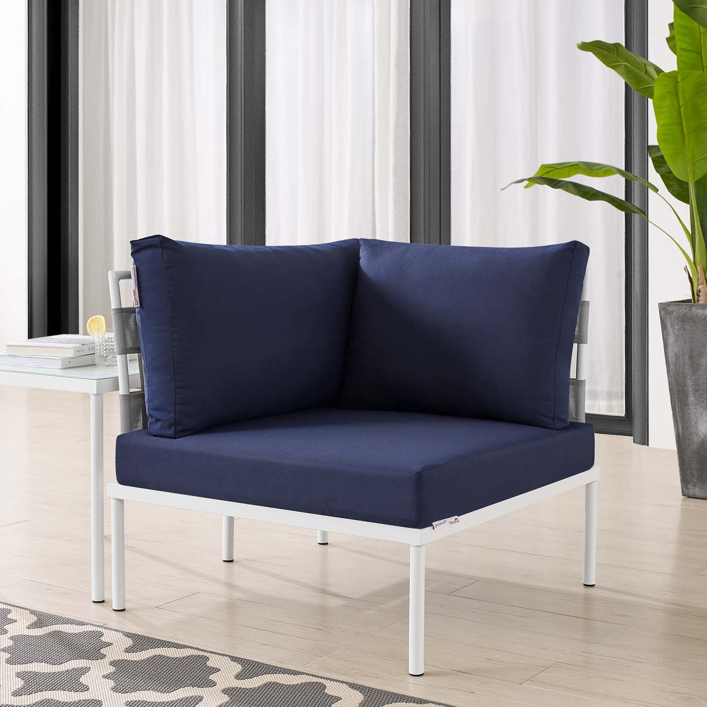 Harmony Sunbrella® Outdoor Patio Aluminum Corner Chair, Aluminum, Metal, Steel, Grey Gray Blue Navy, 20253