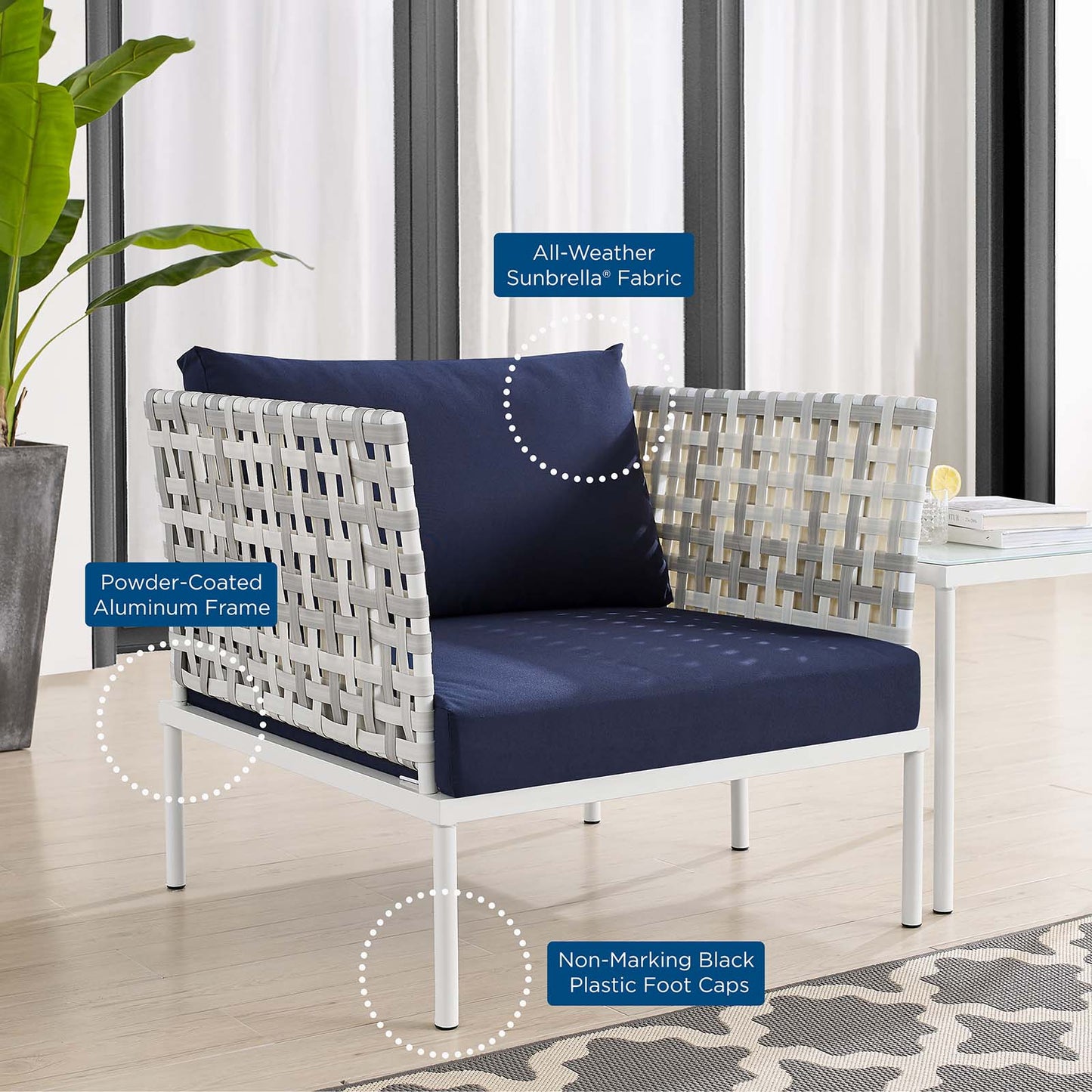 Harmony Sunbrella® Basket Weave Outdoor Patio Aluminum Armchair, Aluminum, Metal, Steel, Blue Navy, 20255
