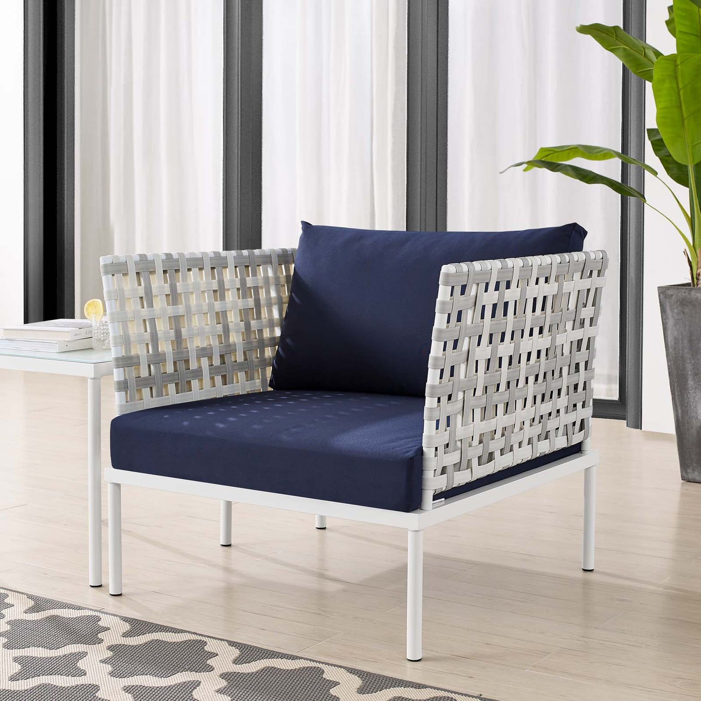 Harmony Sunbrella® Basket Weave Outdoor Patio Aluminum Armchair, Aluminum, Metal, Steel, Blue Navy, 20255
