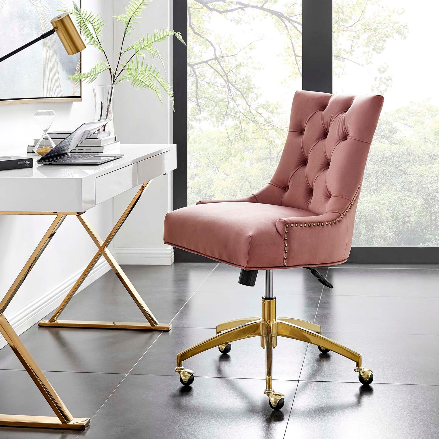 Regent Tufted Performance Velvet Office Chair, Velvet, Gold Pink, 20256