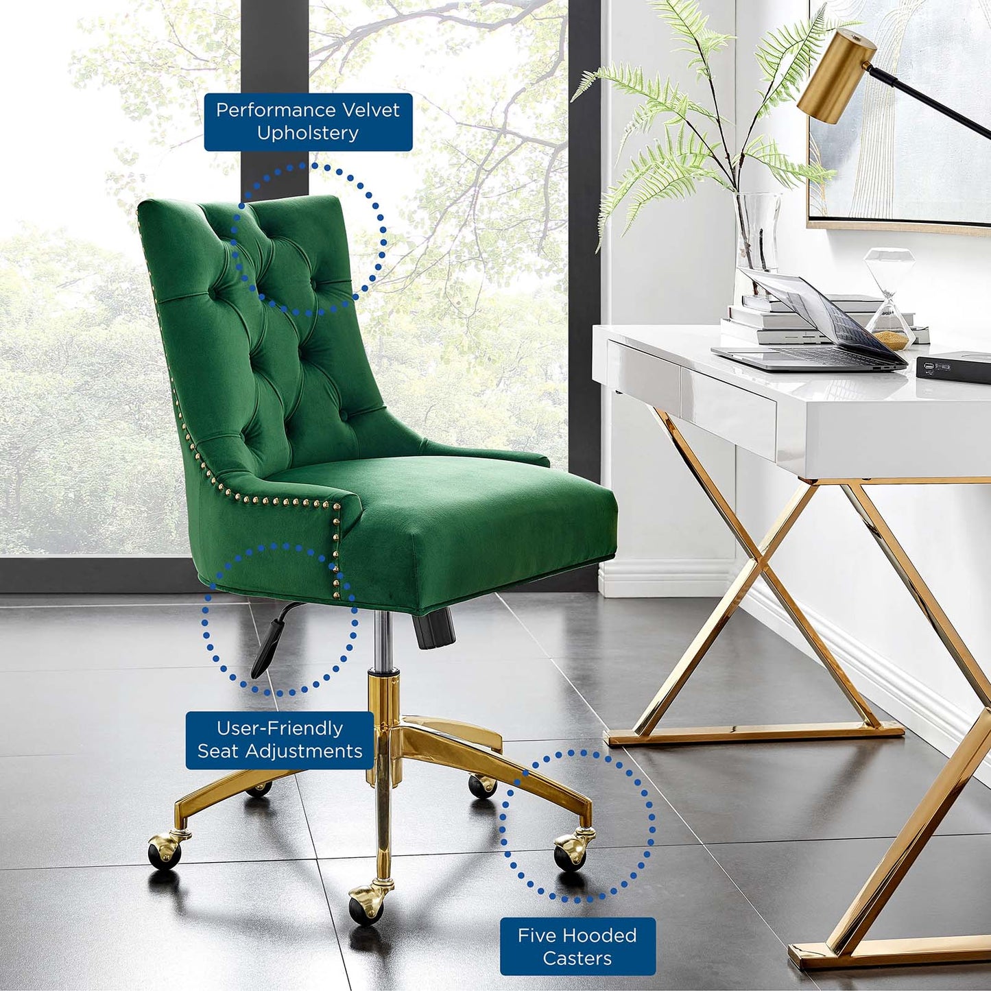 Regent Tufted Performance Velvet Office Chair, Velvet, Gold Green, 20257