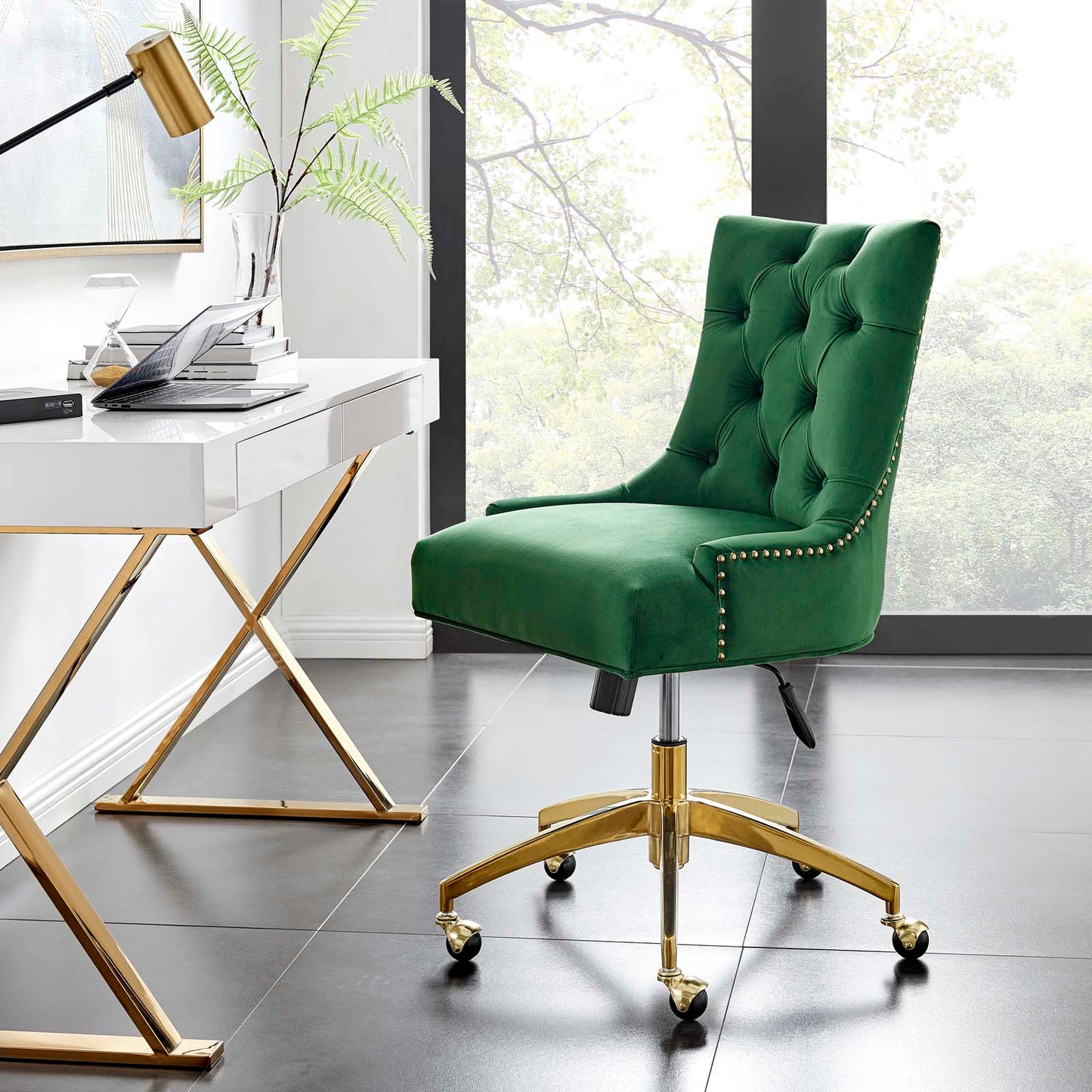 Regent Tufted Performance Velvet Office Chair, Velvet, Gold Green, 20257