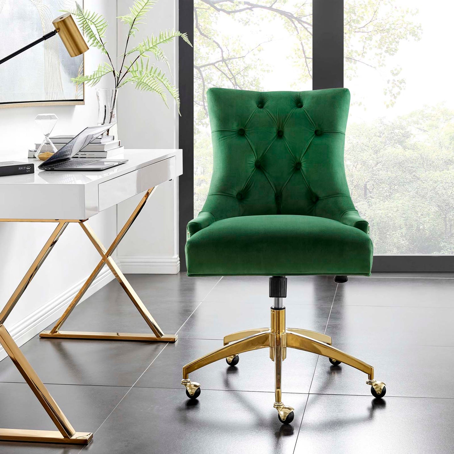 Regent Tufted Performance Velvet Office Chair, Velvet, Gold Green, 20257