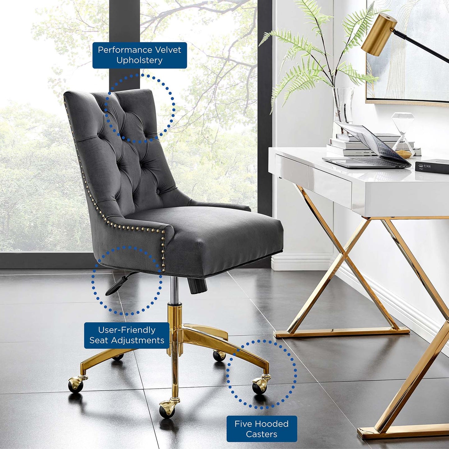 Regent Tufted Performance Velvet Office Chair, Velvet, Gold Grey Gray, 20258