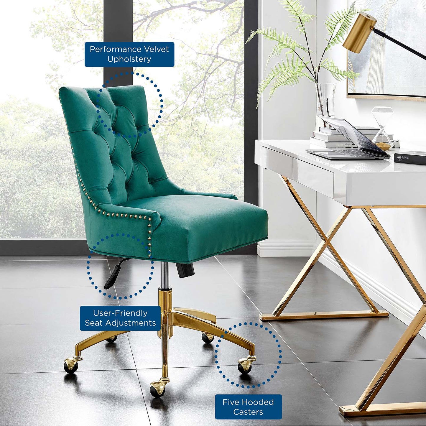 Regent Tufted Performance Velvet Office Chair, Velvet, Gold Teal Blue, 20260