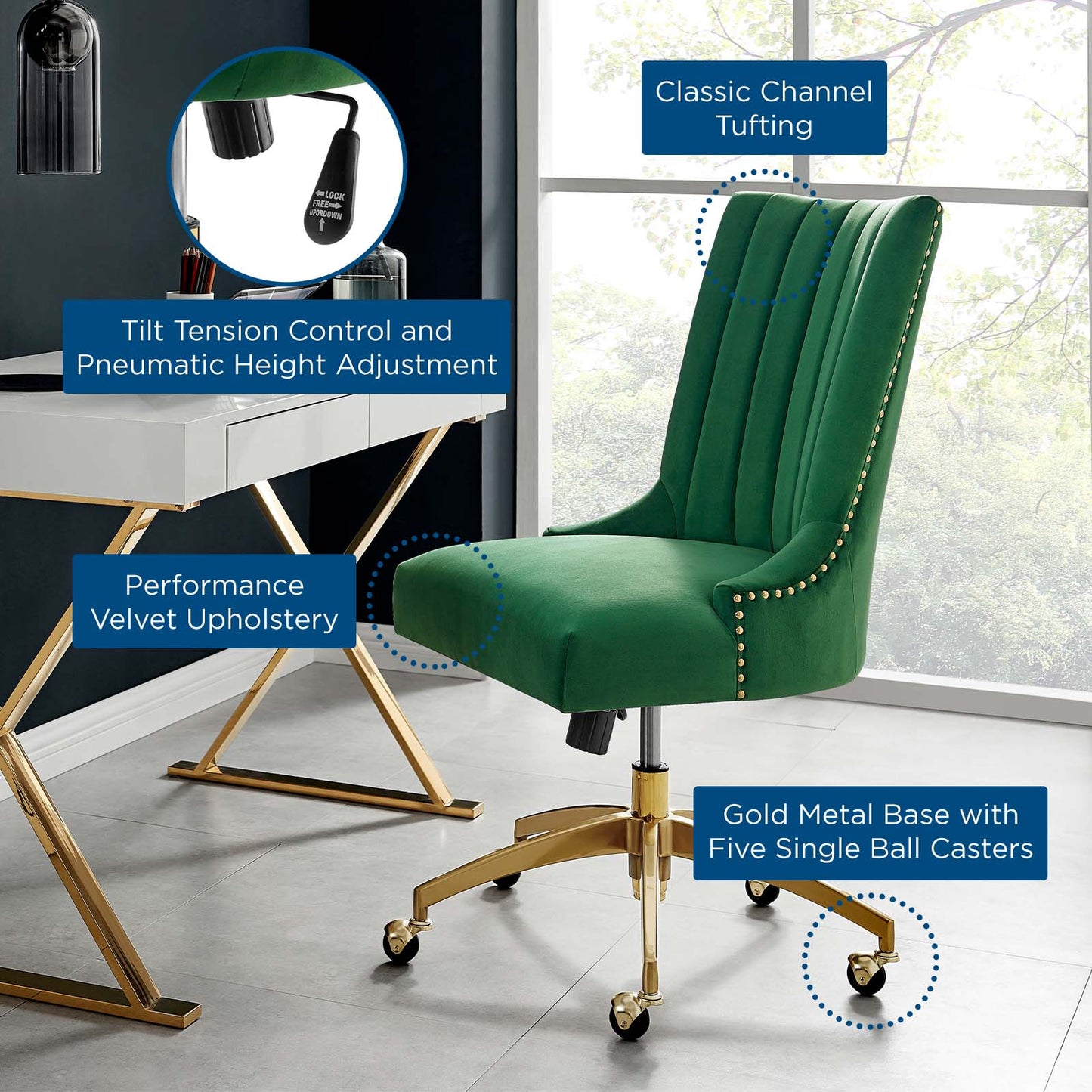 Empower Channel Tufted Performance Velvet Office Chair, Velvet, Gold Green, 20271