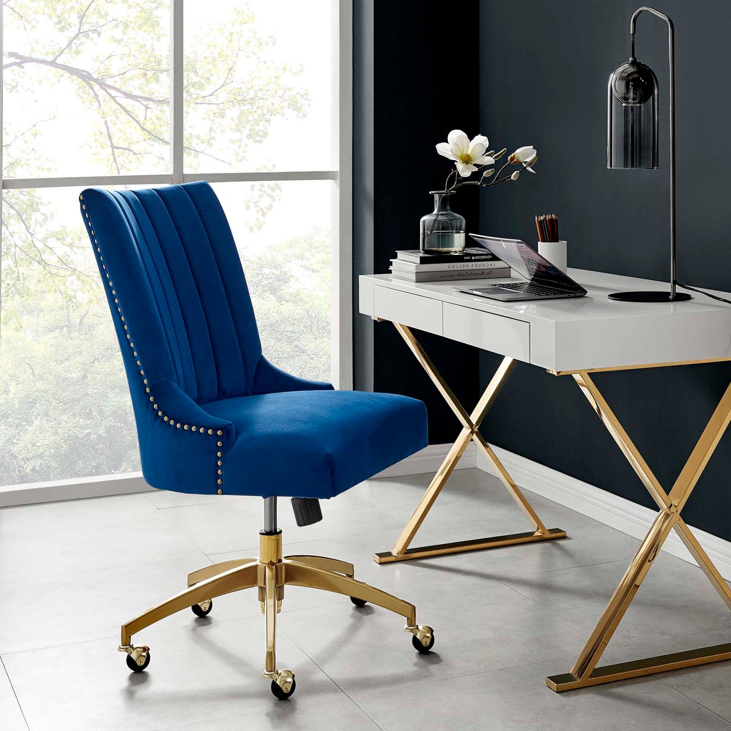 Empower Channel Tufted Performance Velvet Office Chair, Velvet, Gold Blue Navy, 20273