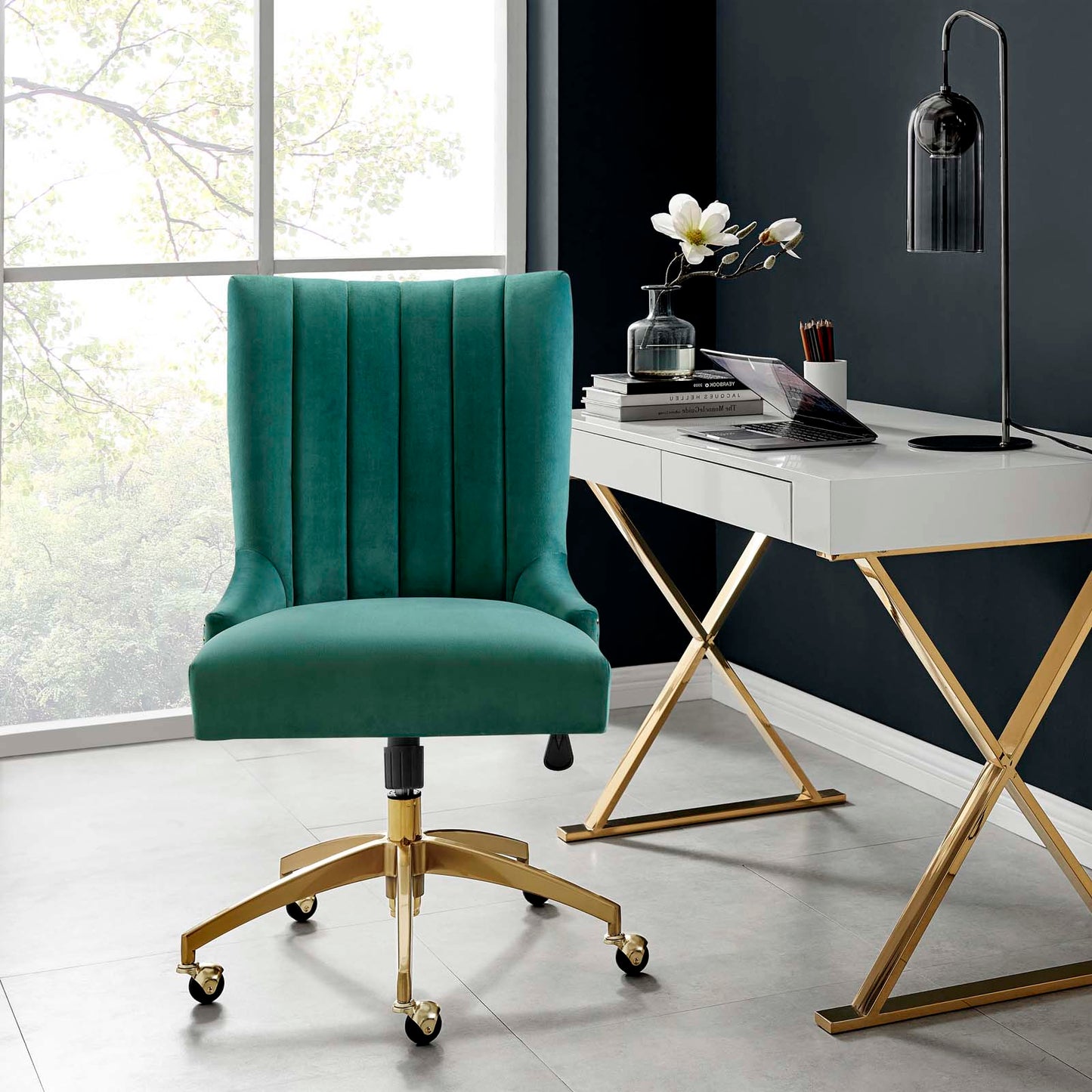 Empower Channel Tufted Performance Velvet Office Chair, Velvet, Gold Teal Blue, 20274