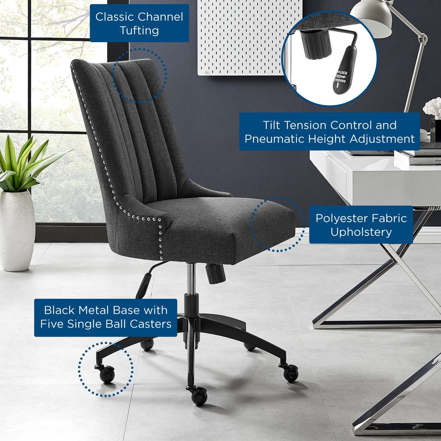 Empower Channel Tufted Fabric Office Chair, Fabric, Black Grey Gray, 20277
