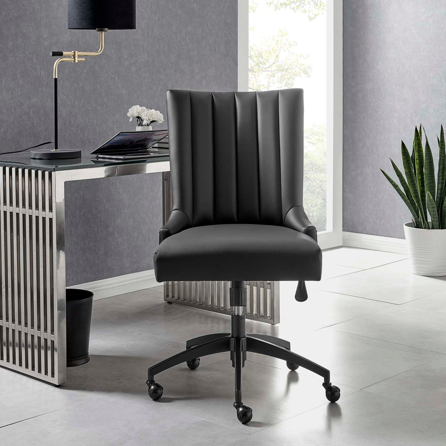 Empower Channel Tufted Vegan Leather Office Chair, Faux Vegan Leather, Black, 20280