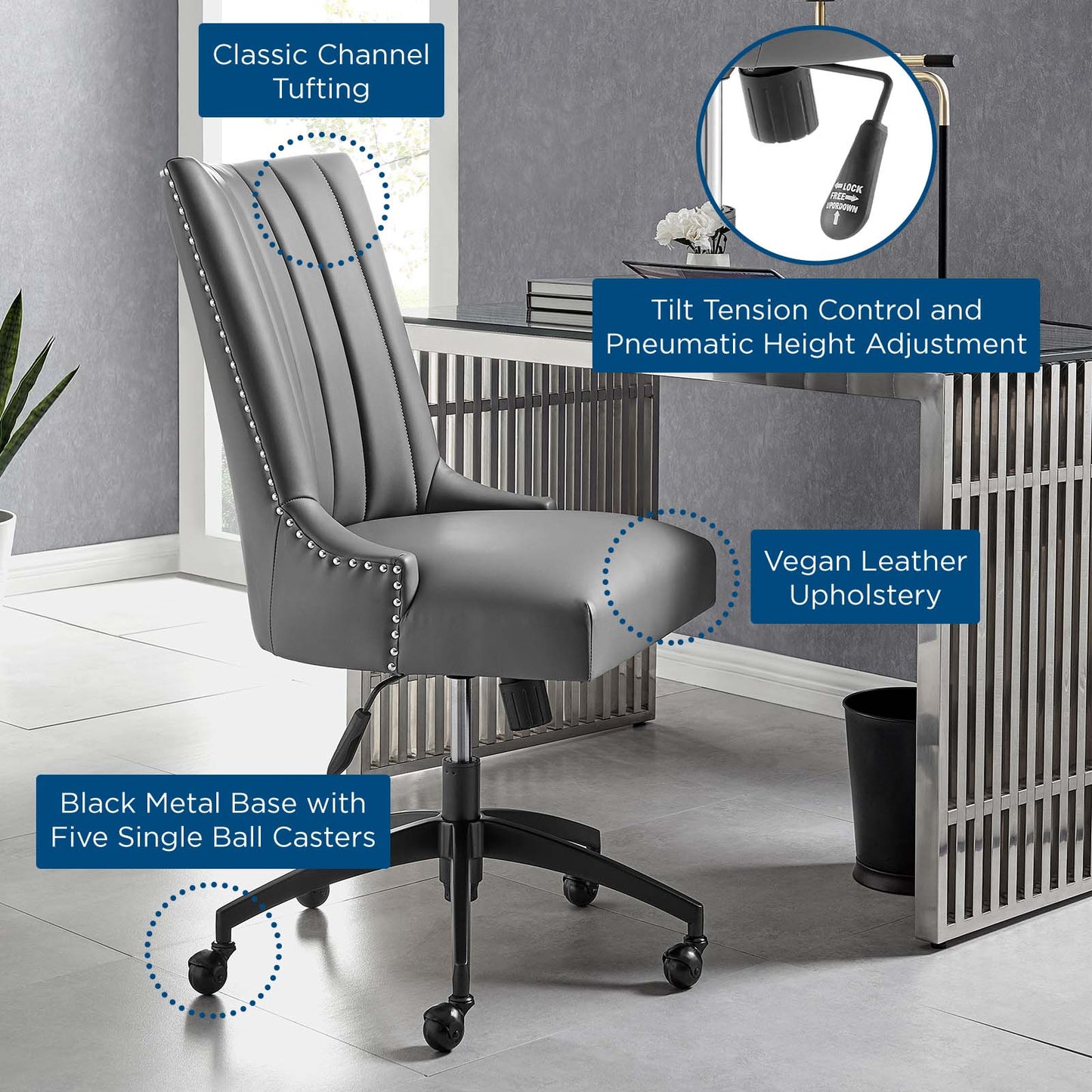 Empower Channel Tufted Vegan Leather Office Chair, Faux Vegan Leather, Black Grey Gray, 20281
