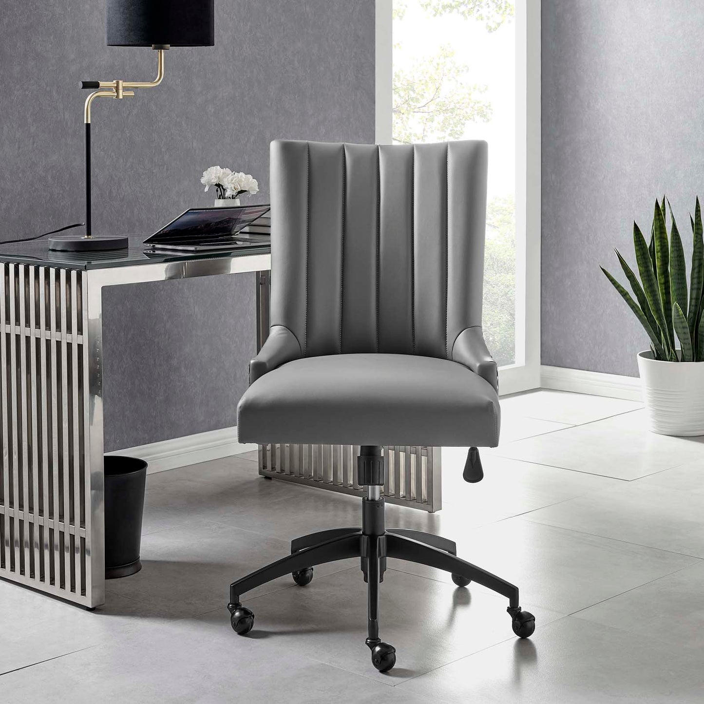 Empower Channel Tufted Vegan Leather Office Chair, Faux Vegan Leather, Black Grey Gray, 20281