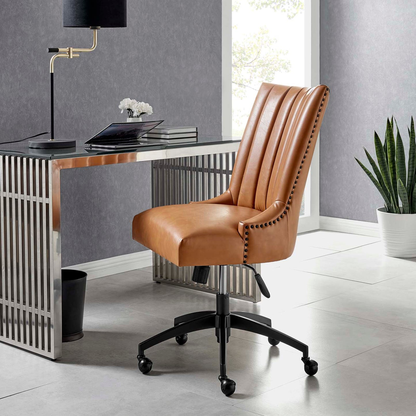 Empower Channel Tufted Vegan Leather Office Chair, Faux Vegan Leather, Black Tan, 20282