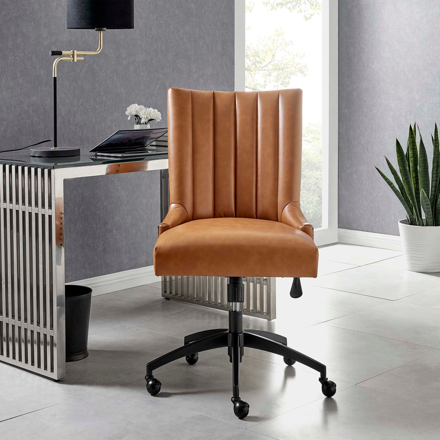 Empower Channel Tufted Vegan Leather Office Chair, Faux Vegan Leather, Black Tan, 20282