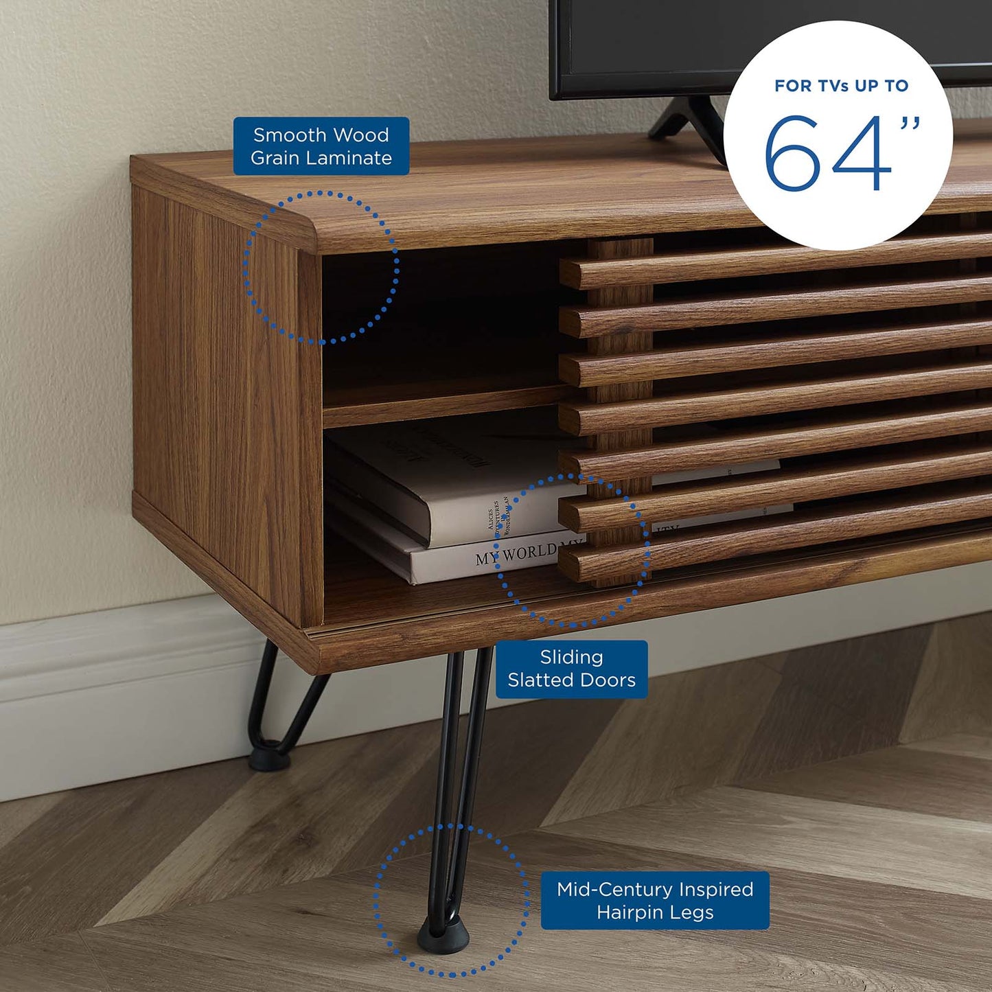 Render 59" Media Console TV Stand, Wood, Metal Steel, Brown Walnut, 20287