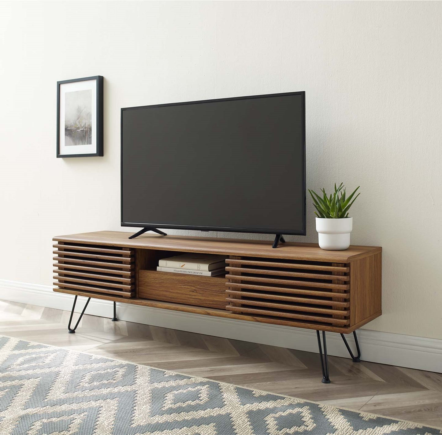 Render 59" Media Console TV Stand, Wood, Metal Steel, Brown Walnut, 20287