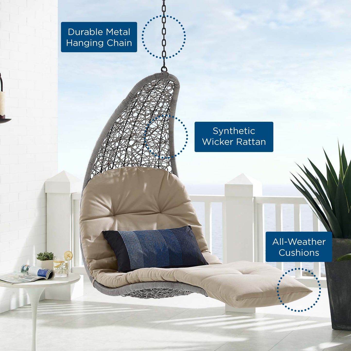 Landscape Outdoor Patio Hanging Chaise Lounge Outdoor Patio Swing Chair, Light Grey Gray Beige, 20288