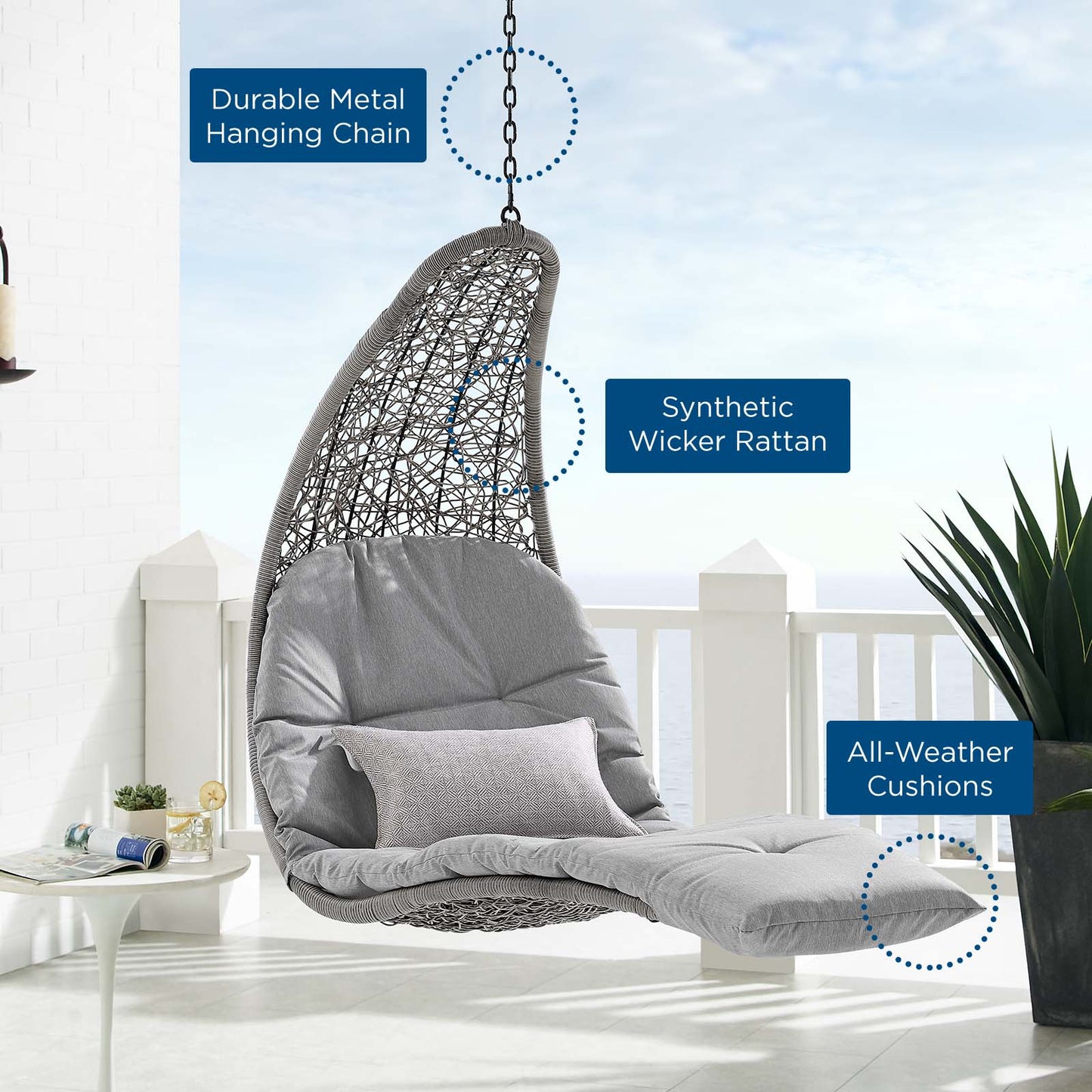 Landscape Outdoor Patio Hanging Chaise Lounge Outdoor Patio Swing Chair, Grey Gray, 20289