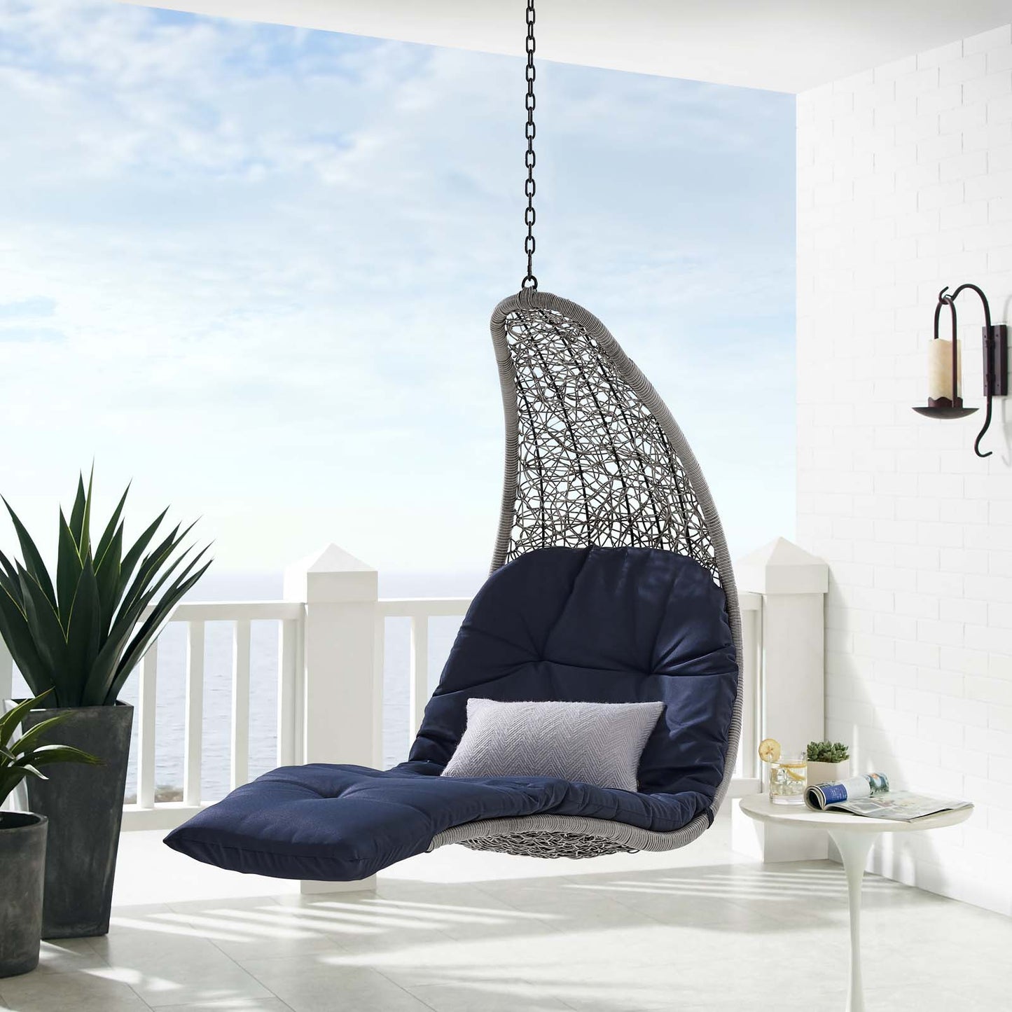 Landscape Outdoor Patio Hanging Chaise Lounge Outdoor Patio Swing Chair, Light Grey Gray Blue Navy, 20290