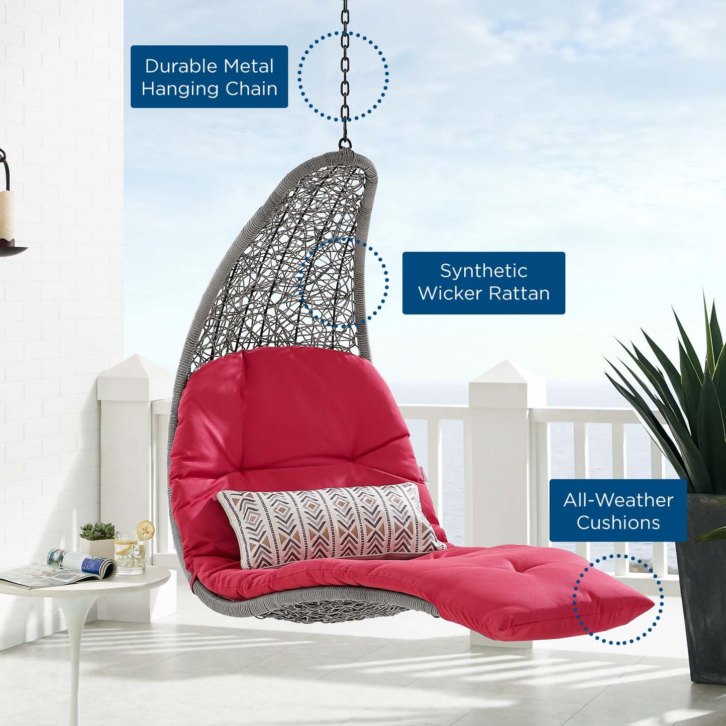 Landscape Outdoor Patio Hanging Chaise Lounge Outdoor Patio Swing Chair, Light Grey Gray Red, 20291
