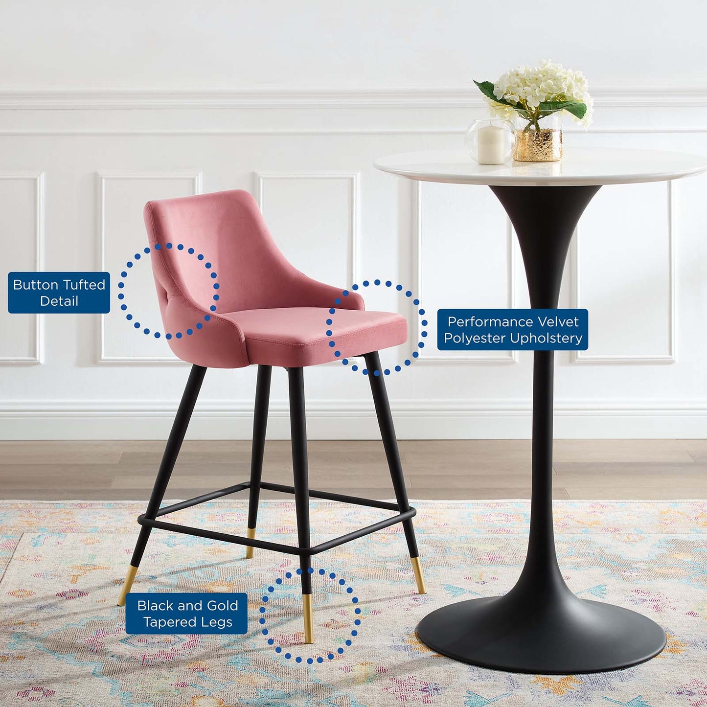 Adorn Performance Velvet Counter Stool Set of 2, Velvet, Pink, 20295